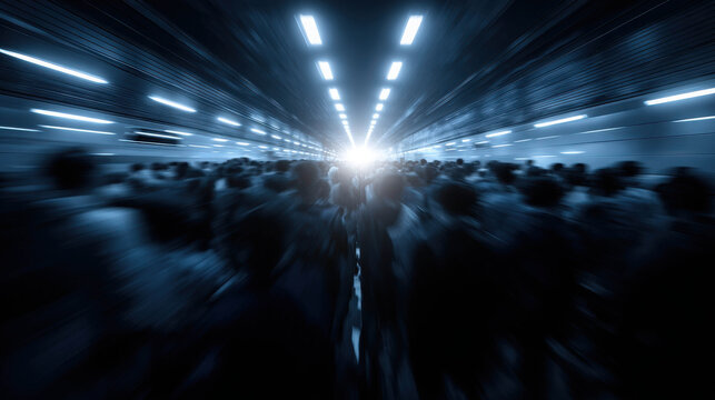 A blur of silhouetted people walking through a brightly lit tunnel, with an intense light at the end suggesting hope or a destination. The sense of movement and anonymity is palpable