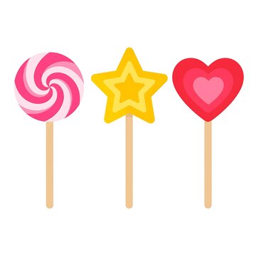 Halloween Sweet Candy Lollipops Set with Round Spiral Star and Heart Shaped Sugar Treats on White Background Vector Illustration