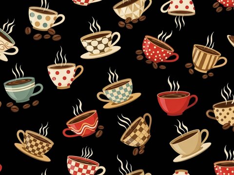 Vintage coffee cups pattern with steaming hot beverages and scattered beans on black background