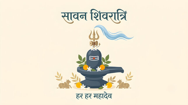 Sawan Shivratri Greeting Vector Illustration with Shiva Lingam, Trishul Trident, Damru, Crescent Moon, and Hindi Text Sawan Shivratri Shubhkamnaye