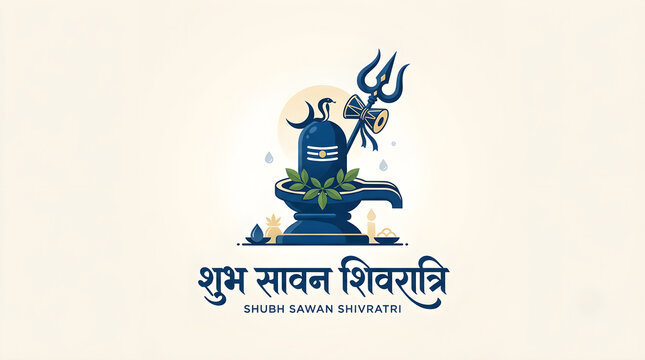 Sawan Shivratri Greeting Vector Illustration with Shiva Lingam, Trishul Trident, Damru, Crescent Moon, and Hindi Text Sawan Shivratri Shubhkamnaye