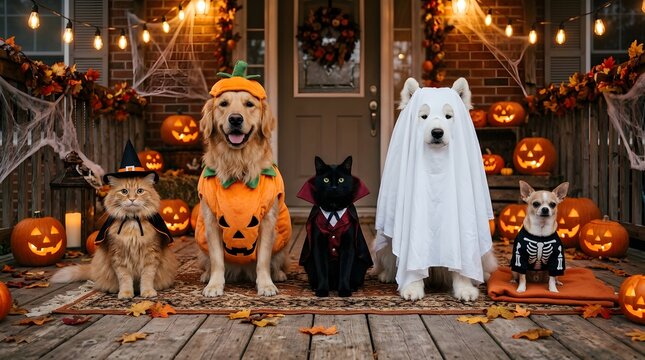 Cat and dogs in halloween costumes sitting on a decorated porch