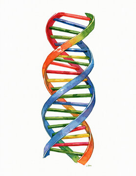 Vibrant watercolor illustration of a DNA double helix, showcasing its iconic spiral structure with a spectrum of colors.