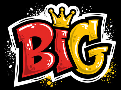 Graffiti style word 'BIG' with a golden crown, red and yellow letters, and paint splatters on a black background.