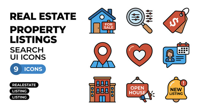 Pixel Art Icons Set for Real Estate Property Listings and Search Functionality