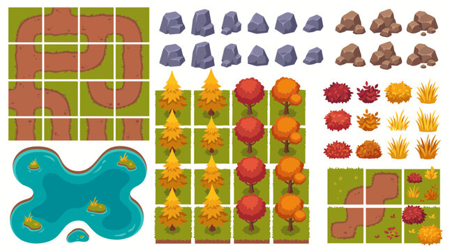Isometric 2D game landscape asset set with ground tiles, roads, trees, pond and rocks, illustrating level design creation, provides elements for casual video game map building