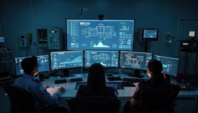 Night setback mode monitoring in a hospital control room focused on energysaving system adjustments shown on a main console with operators and room details subtly blurred.