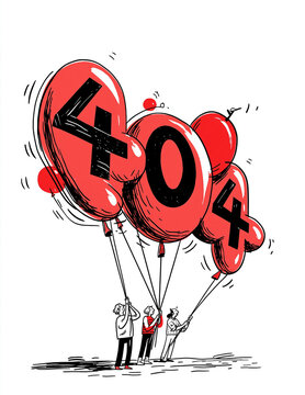 Three people struggling to hold onto red balloons with the number 404 printed on them.