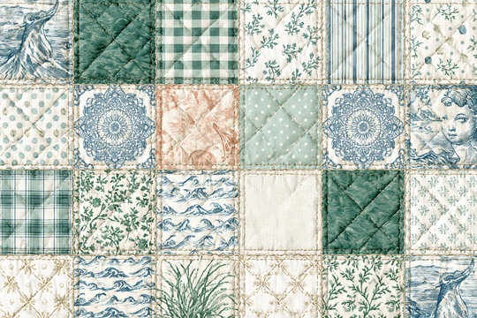 A vintage-style patchwork quilt pattern featuring various squares with floral, plaid, toile, and quilted textures in green, blue, and cream tones.
