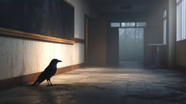 A crow sits in a dark, eerie hallway, bathed in a single beam of light. The atmosphere is mysterious and unsettling, evoking a sense of foreboding.