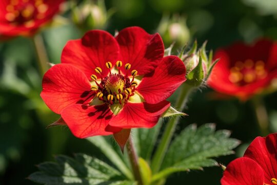 Bright red cinquefoil flower blooms in spring garden. Macro view shows delicate petals with yellow center, dark stamen pollen. Natural sunlight illuminates beautiful floral head. Green leaves grow in