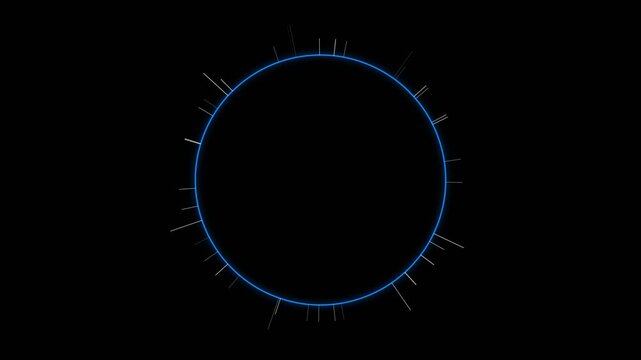 Four blue digital circular HUD elements with white data indicators on black background