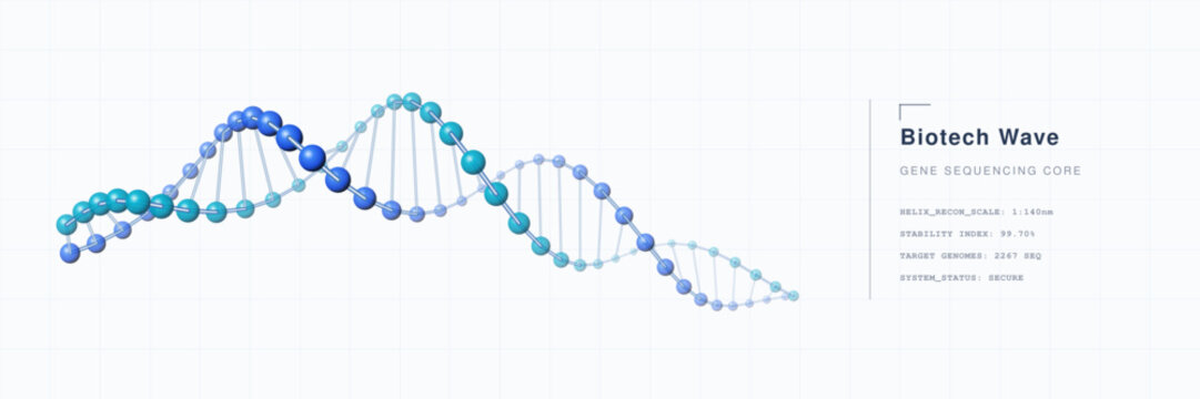 Abstract DNA helix structure with flowing blue nodes, representing scientific gene sequencing and biotechnology innovation in minimalist vector design