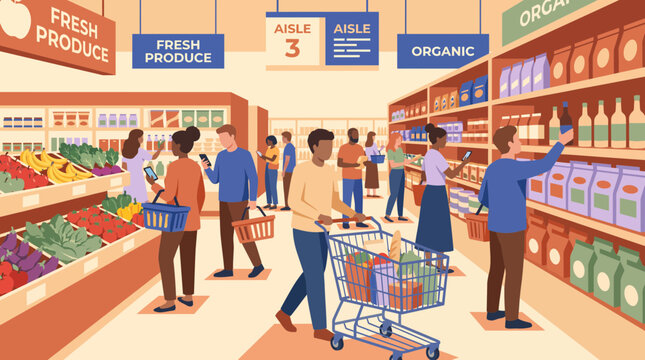 Diverse group of people shopping in a modern supermarket aisle with fresh organic produce and grocery shelves, illustrating retail consumer behavior and healthy lifestyle choices