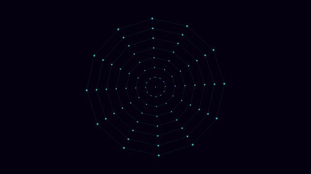 Four glowing blue digital mandala patterns with connecting lines and nodes on black background