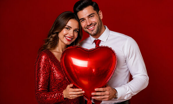 Happy romantic couple holding large red heart balloon against deep red studio background, woman in red dress and man in white shirt with red tie, representing Valentine's Day celebration, romance
