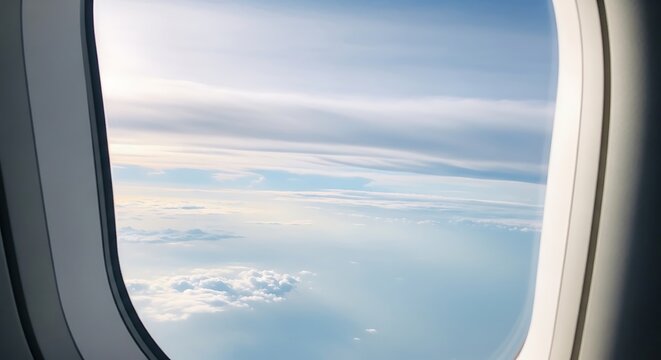 View from airplane window on clouds and sky during daytime flight