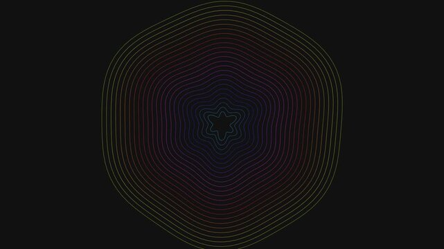 Four symmetrical sets of colorful concentric rings with noise distortion on black background