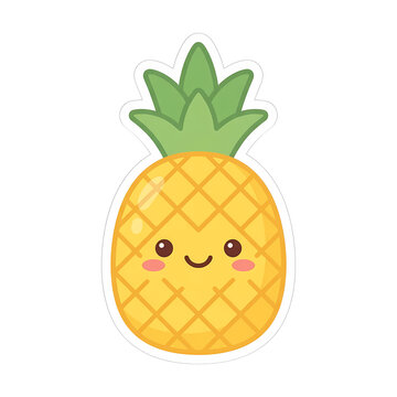 A cheerful cartoon pineapple character featuring a happy smiling face and rosy cheeks with green spiky leaves on top rendered in a fun artistic style for children and various seasonal design