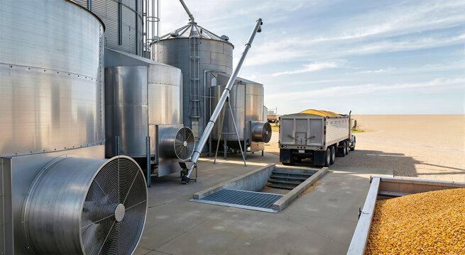 Industrial farm grain storage facility with large silver metal silos and ventilation equipment. Loaded grain truck parked at concrete intake pit filled with harvested golden corn on sunny day