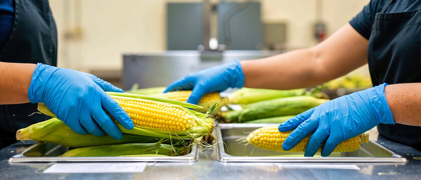 Workers wearing blue nitrile gloves sorting fresh harvested sweet corn cobs at stainless steel industrial processing table. Food safety inspection and quality control in agricultural factory