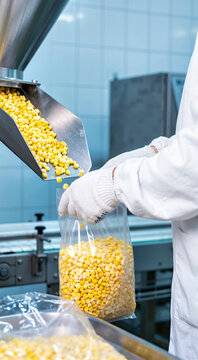 Worker filling plastic bag with yellow corn kernels from stainless steel chute in food processing plant. Industrial corn harvest packaging line and agricultural produce factory vertical shot