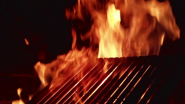 Flames rising from a grill in a backyard during a barbecue event in the evening with friends and family gathering around for cooking and eating