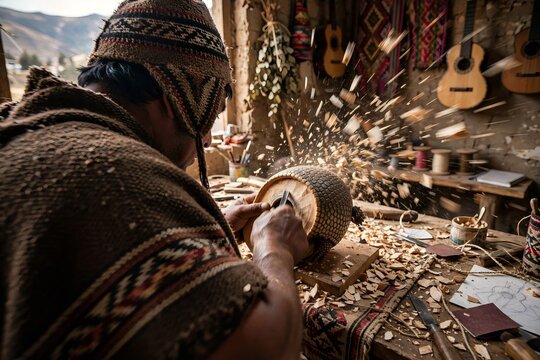 South American indigenous craftsman wearing a traditional chullo hat carving a wooden instrument shell in a rustic workshop with flying wood chips