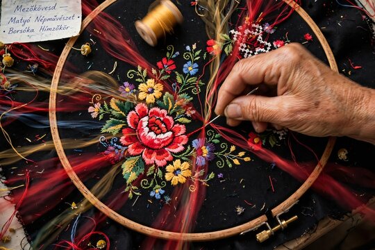 Close up of an elderly hand sewing traditional Hungarian Matyo embroidery with vibrant floral patterns and red roses on black fabric