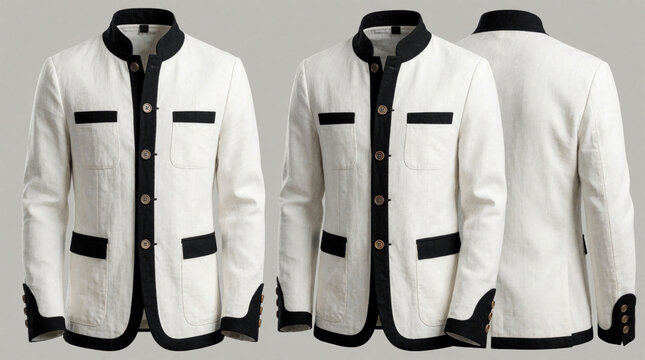 White linen jacket features contrast black trim, mandarin collar. Elegant male blazer displays button closure with front pockets. Three views of stylish garment show modern design for formal events