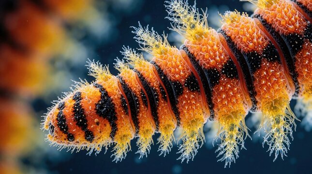 Macro view of parasitic tapeworm under laboratory microscope. Orange, black segmented body of flatworm with fine filaments shown in high magnification. Scientific analysis of dangerous intestinal