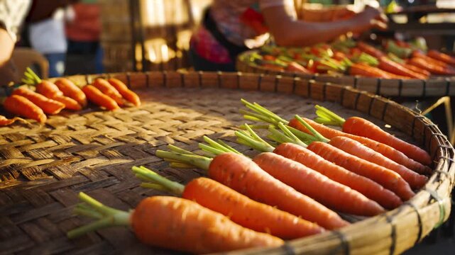 Close-Up of Market Vendors Adding and Arranging Fresh Carrots to a Vegetable Display