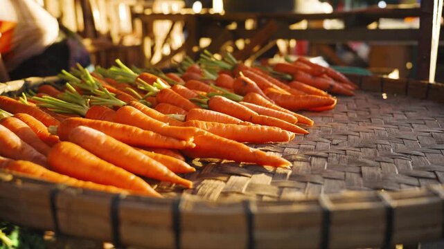 Close-Up of a Market Vendor Adding Fresh Carrots to a Vegetable Display