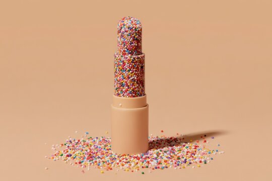 Closeup of Glittery Multicolored Sprinkles Covering Half of Lipstick Tube makeup cosmetics