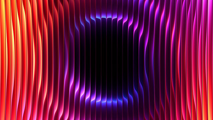 Fototapeta premium Circular gradient refracted through ribbed glass with luminous pink orange glow. Futuristic glowing circle behind vertical fluted glass for creative advertising, music cover, event flyer. 3d render