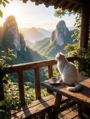 Obraz premium White cat sits on wooden balcony table with coffee cup. Pet looks at rocky mountain peaks during golden morning sunrise. Scenic terrace view overlooks nature hills in summer. Calm animal rests on