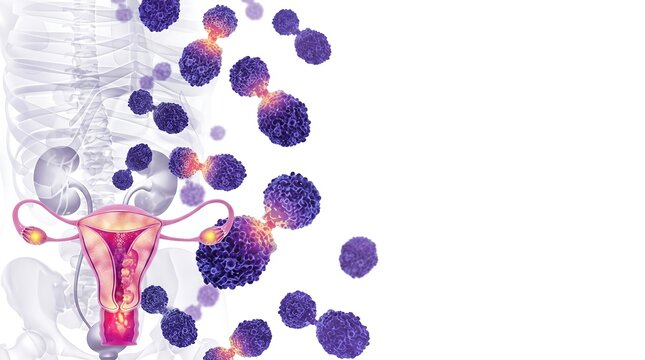 Female reproductive system illustration with dividing cancer cells