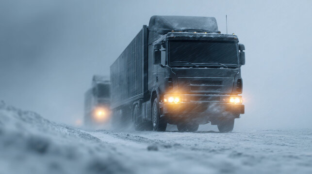 Two trucks driving through a heavy snowstorm on a wintry road. The trucks are dark-colored with their headlights on, illuminating the white snowy landscape