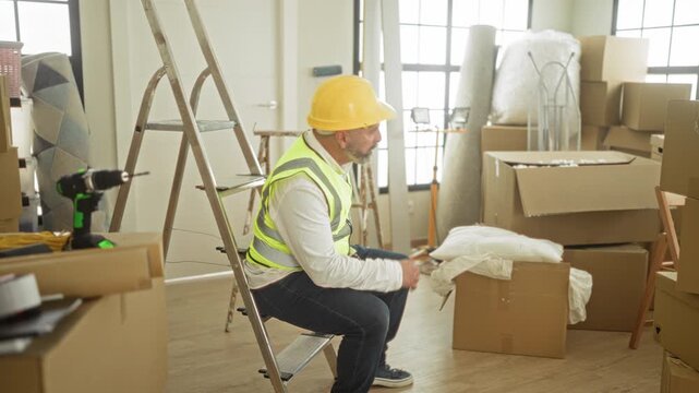 Man in hi vis vest sits on stepladder and puts on hardhat among cardboard boxes in a building; quiet fatigue.