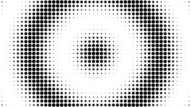 Minimalist halftone screen with black circular dots expanding on a white background