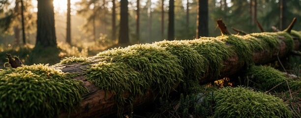Obraz premium Golden morning sunlight illuminates soft green moss growing on fallen pine tree trunk in dense forest. Bright sunbeams shine through tall woods behind wooden log. Natural ecosystem environment