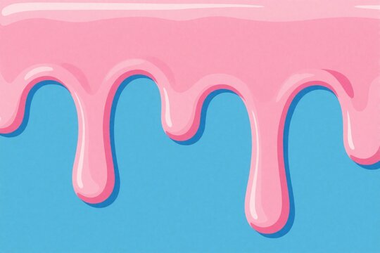 Pink cream drips down over bright blue background surface. Sweet liquid frosting flows in smooth waves. Soft strawberry glaze spills creating delicious food art texture. Tasty dessert melted topping