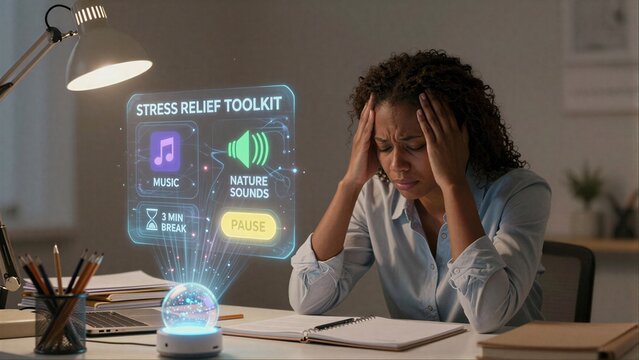Stressed woman uses holographic stress relief toolkit at her desk.