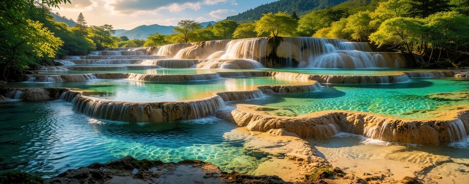 Tiered waterfalls create vibrant turquoise pools surrounded by rich green trees and distant mountains. Clear water flows over rock terraces under a bright sunny sky.