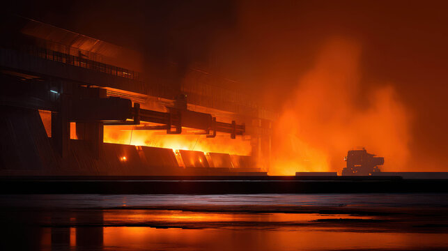 Molten metal glowing intensely with vibrant orange and yellow hues in a dark industrial setting, steam and smoke rising from the heat