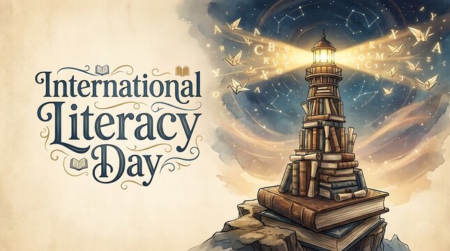 International Literacy Day Creative Concept Illustration with Book Lighthouse Shining Light and Paper Birds in Starry Night Sky Background