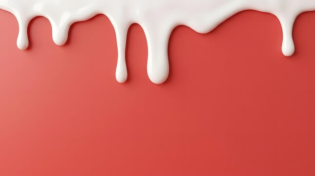 Close up of thick white paint or cream dripping down on solid red wall with dripping background abstract consistency backdrop
