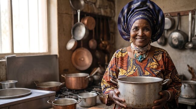 Smiling Senior African Woman Holding Pot in Rustic Kitchen
