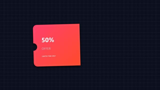 Red perforated discount voucher tearing off with fifty percent off promo code on dark background