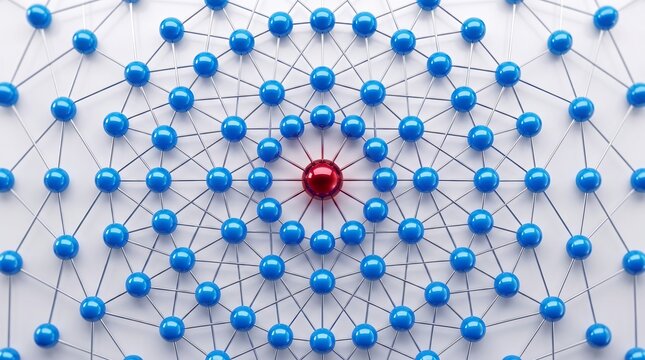 Abstract network structure with blue nodes and a red central sphere